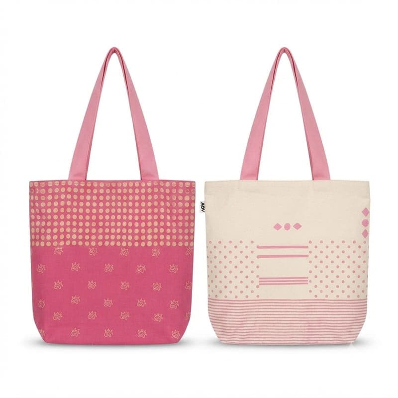 Floral & Geometric Print Reversible Tote Bag in Off-white / Pink, Floral design & Geometric pattern