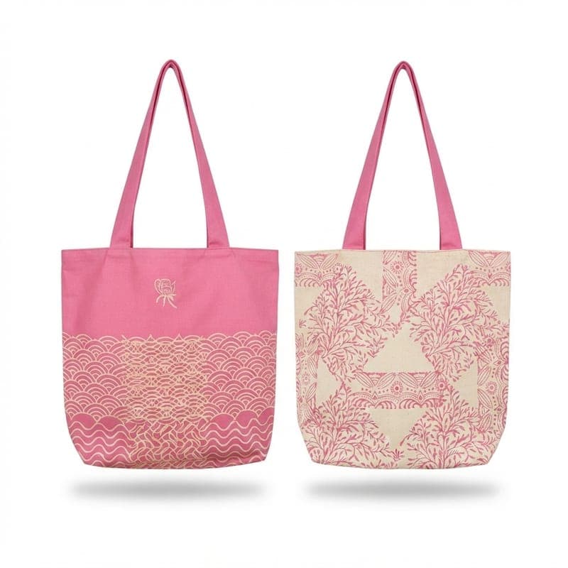 Floral & Geometric Print Reversible Tote Bag in Off-white / Pink, Floral design & Geometric pattern