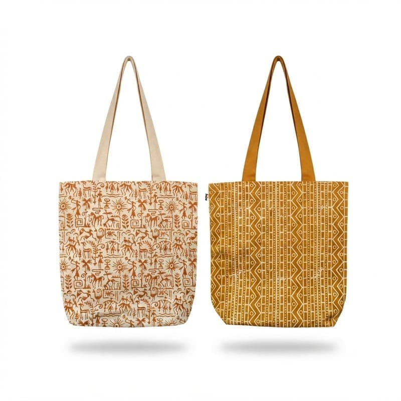 Warli & Geometric Print Reversible Tote Bag in Off-white / Mustard, Warli & Geometric