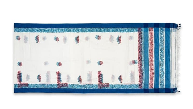 Cotton Paisley and Booti Saree in Off-white / Blue / Maroon, Floral & Geometric - Paisley & Booti