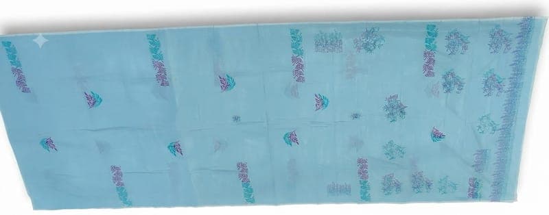Cotton Sky Blue Leaf Saree in Sky Blue / Teal / Purple, Floral - Leaf