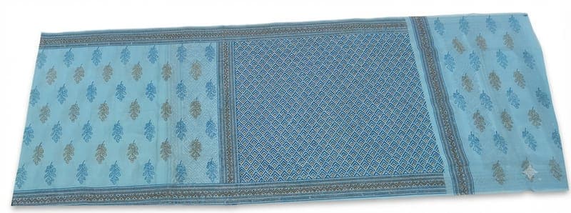 Cotton Fern & Trellis Saree in Sky Blue / Khaki, Floral & Geometric - Fern & Trellis
