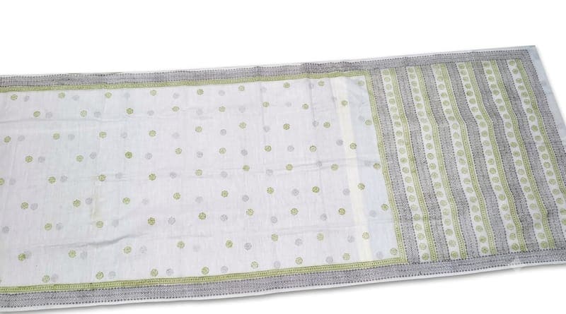 Cotton Booti & Stripe Saree in White / Olive / Black, Floral & Geometric - Booti & Stripe