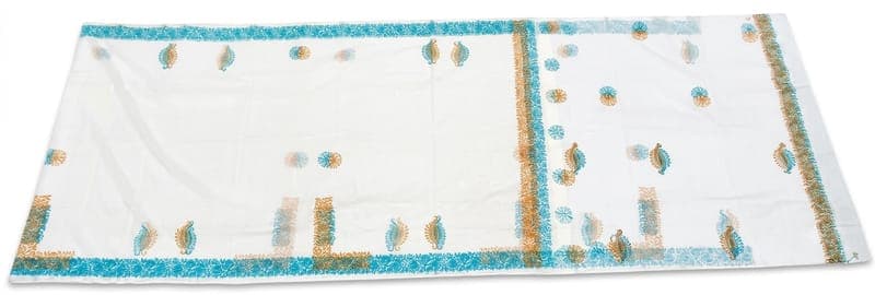 Cotton Paisley & Sunburst Saree in White / Teal / Yellow, Floral & Geometric - Paisley & Sunburst