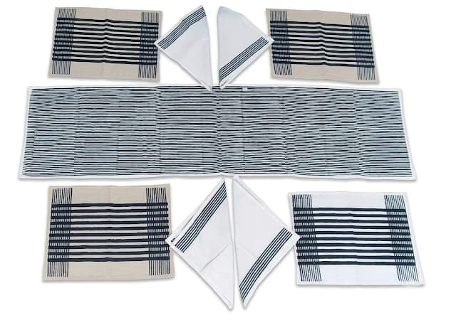 Cotton Stripe Table Runner Set in Off-white / Navy blue, Geometric — Stripe & Check