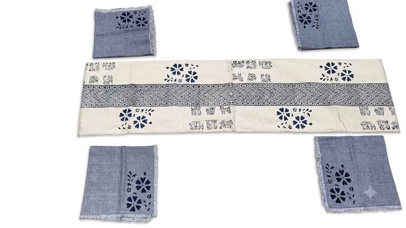 Cotton Warli Table Runner Set in Off-white / Navy blue, Floral & Figurative