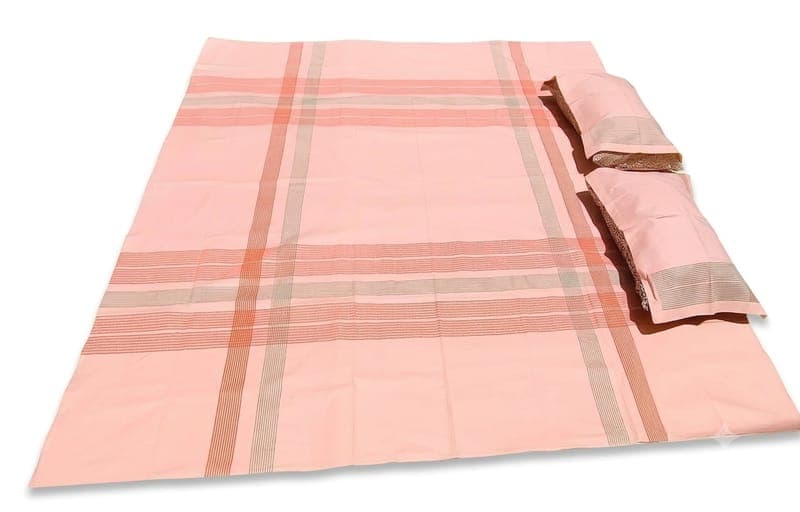 Cotton Peach Grid Bedsheet Set in Peach / Orange / Grey, Geometric — Grid & Stripe