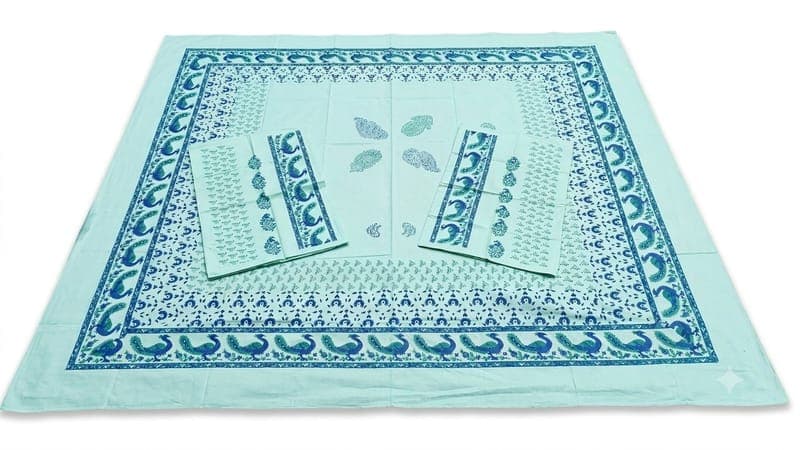 Cotton Peacock Paisley Bedsheet Set in Turquoise / Blue / Green, Floral & Figurative