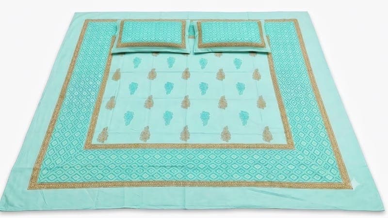 Cotton Aqua Rust Buta Bedsheet Set in Turquoise / Brown / Green, Floral & Geometric — Diamond & Check