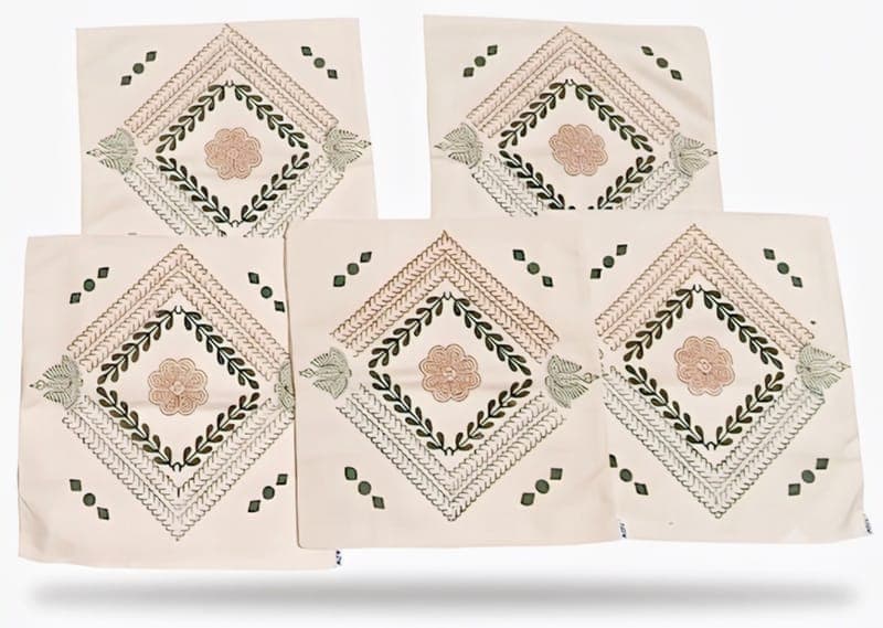 Block Print Ivory Cushion Cover Set in Beige / Orange / Black, Floral Diamond Motif