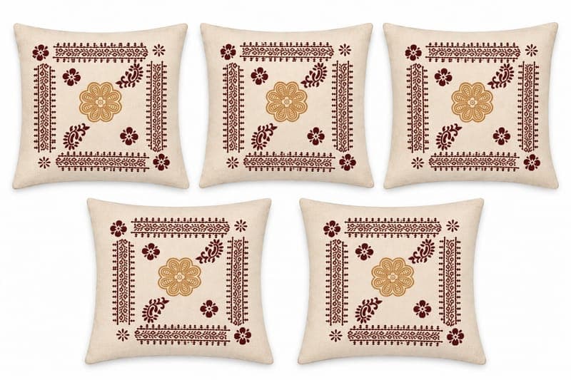 Block Print Sunflower Cushion Cover in Beige / Maroon / Orange, Floral geometric border motif.