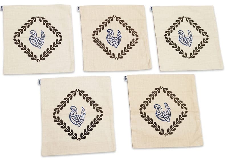 Block Print Blue Peacock Cushion Cover in Beige / Olive green / Blue, Figurative & Floral