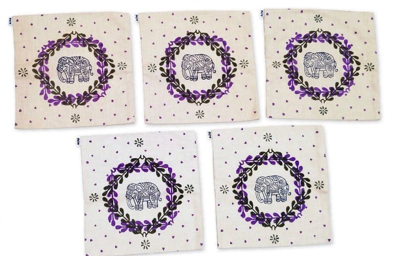 Block Print Royal Elephant Cushion Cover in Beige / Purple / Black, Figurative & Floral
