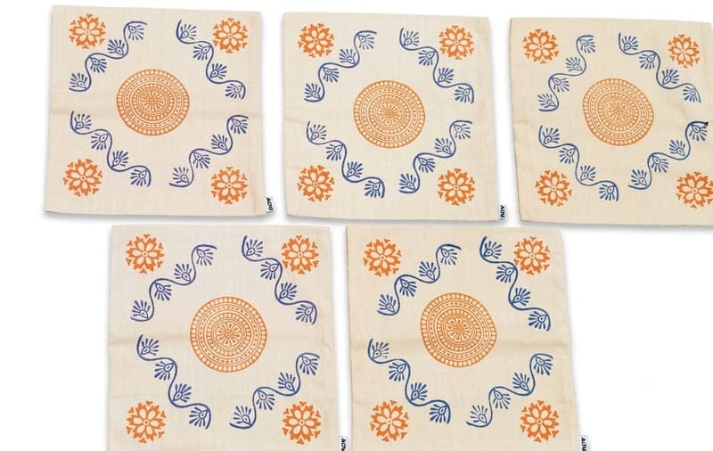 Block Print Sun Medallion Cushion Cover in Beige / Orange / Blue, Floral & Geometric